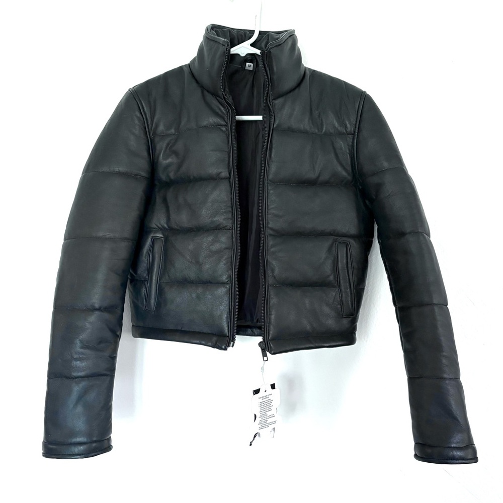 black cropped genuine leather puffer coat